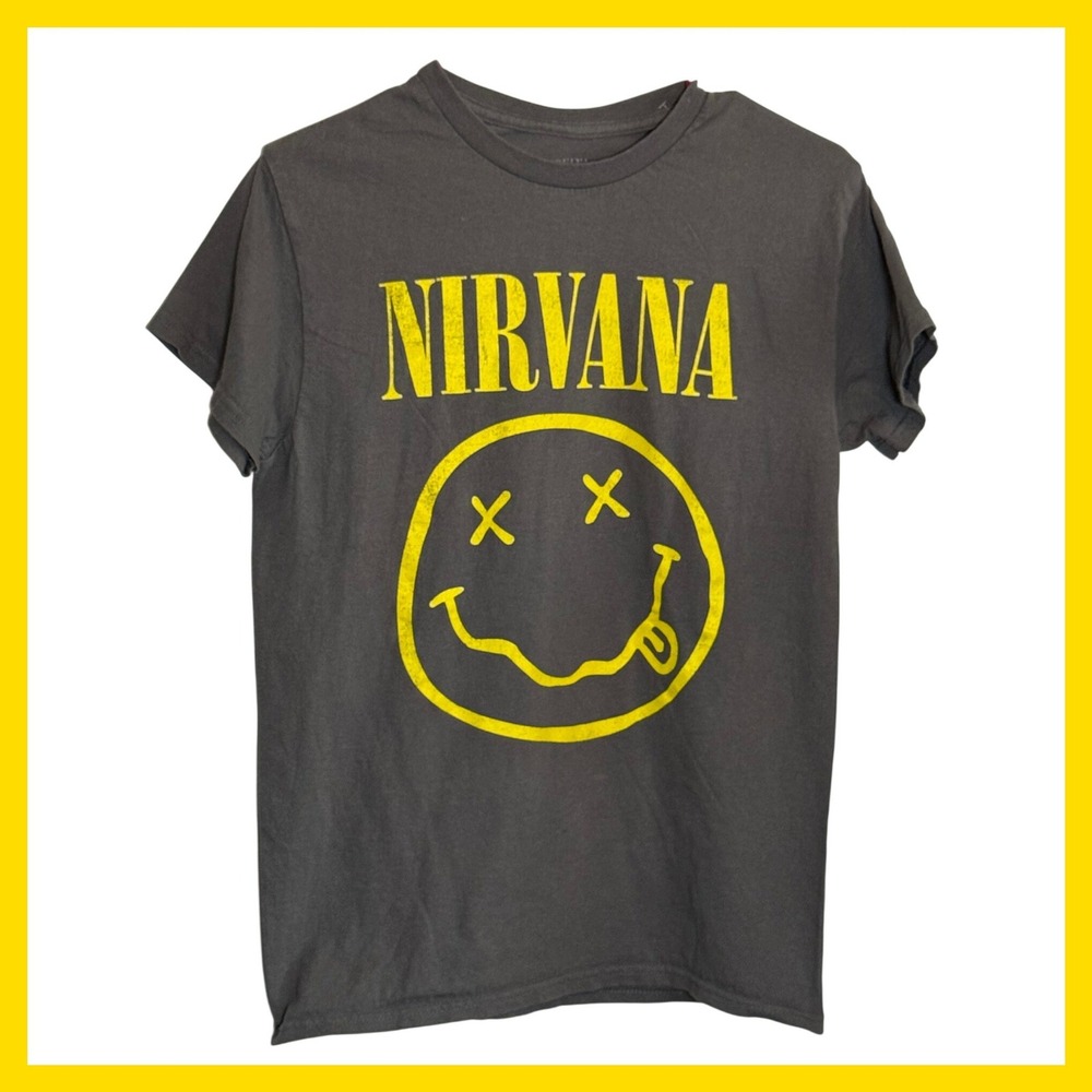 Nirvana Smiley Face Band Graphic T-Shirt Charcoal Gray Mens Small S Cotton Tee